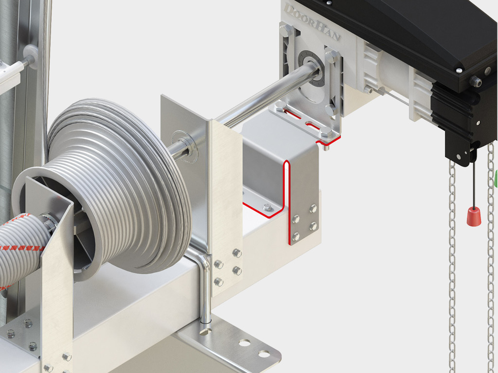 The drive mounting bracket allows you to install a shaft from below on a remote mounting system on a 100 x 100 mm pipe for all types of shaft drives manufactured by DoorHan.